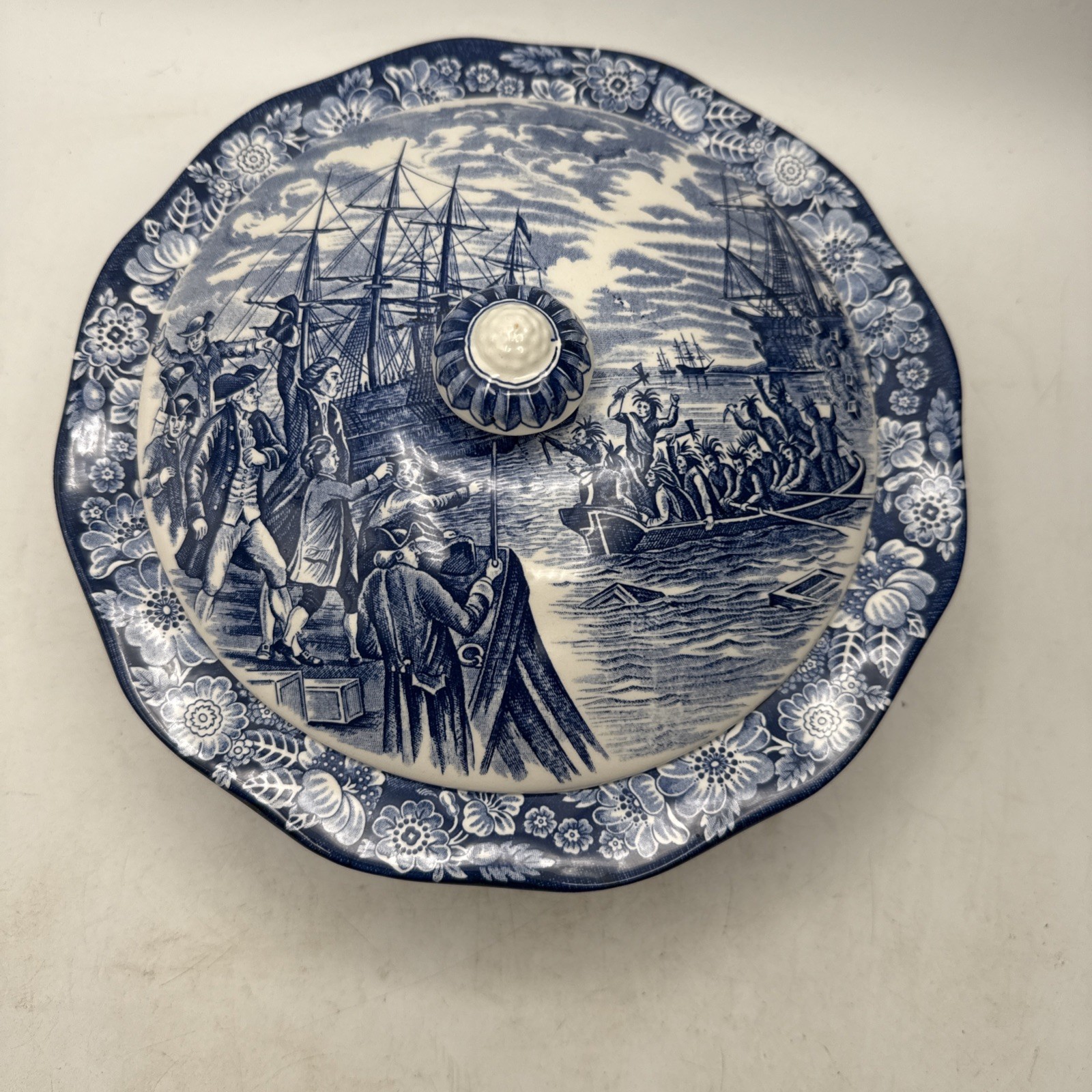 Liberty Blue “Boston Tea Party” Covered Serving Bowl – Historic Colonial Scene