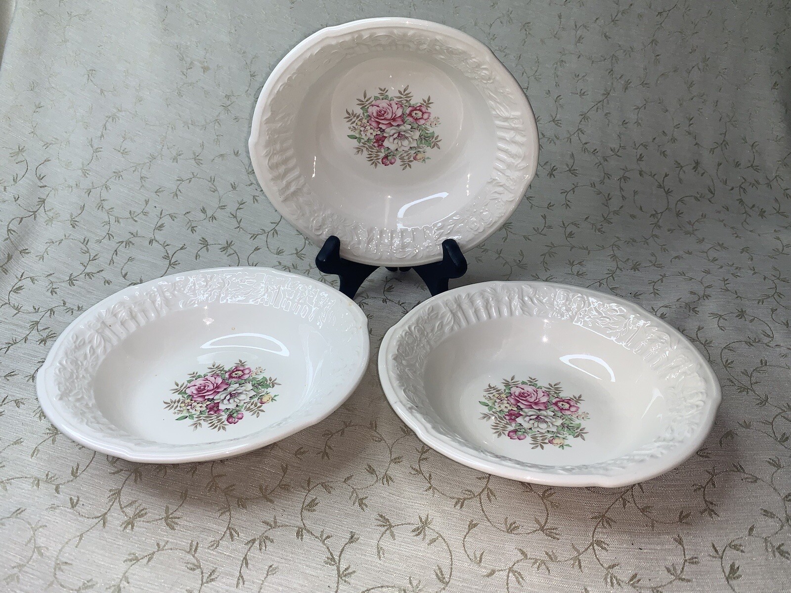 Vtg French Saxon China 6” Floral Bouquet Scalloped Embossed Edge Bowls Set Of 3