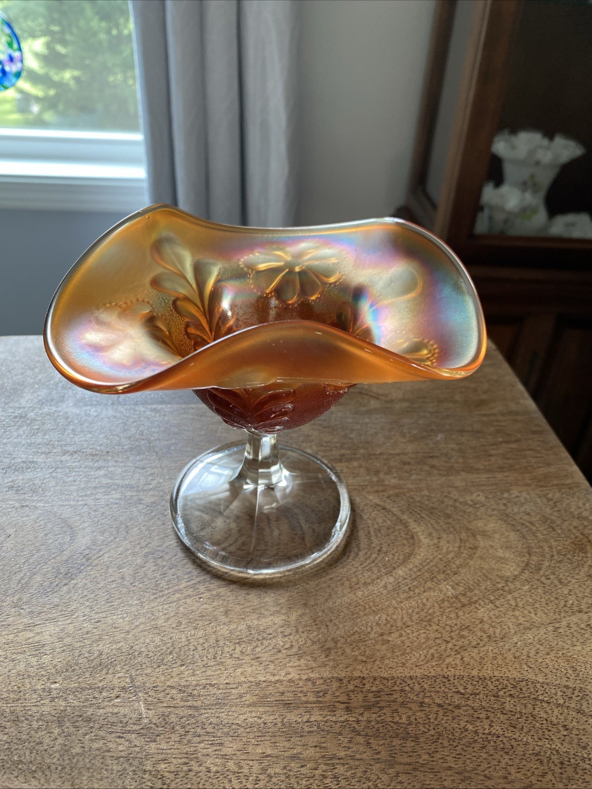 Northwood Compote/Candy Dish Marigold Carnival Glass Daisy & Plume Pattern