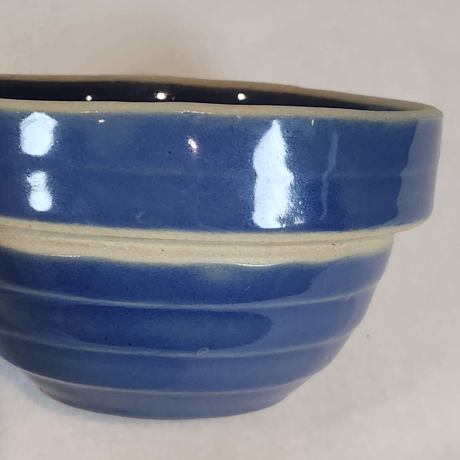 Antique Yellow Ware Cobalt Blue Dough Mixing Bowl w/ Beehive Sides 5” Wide USA
