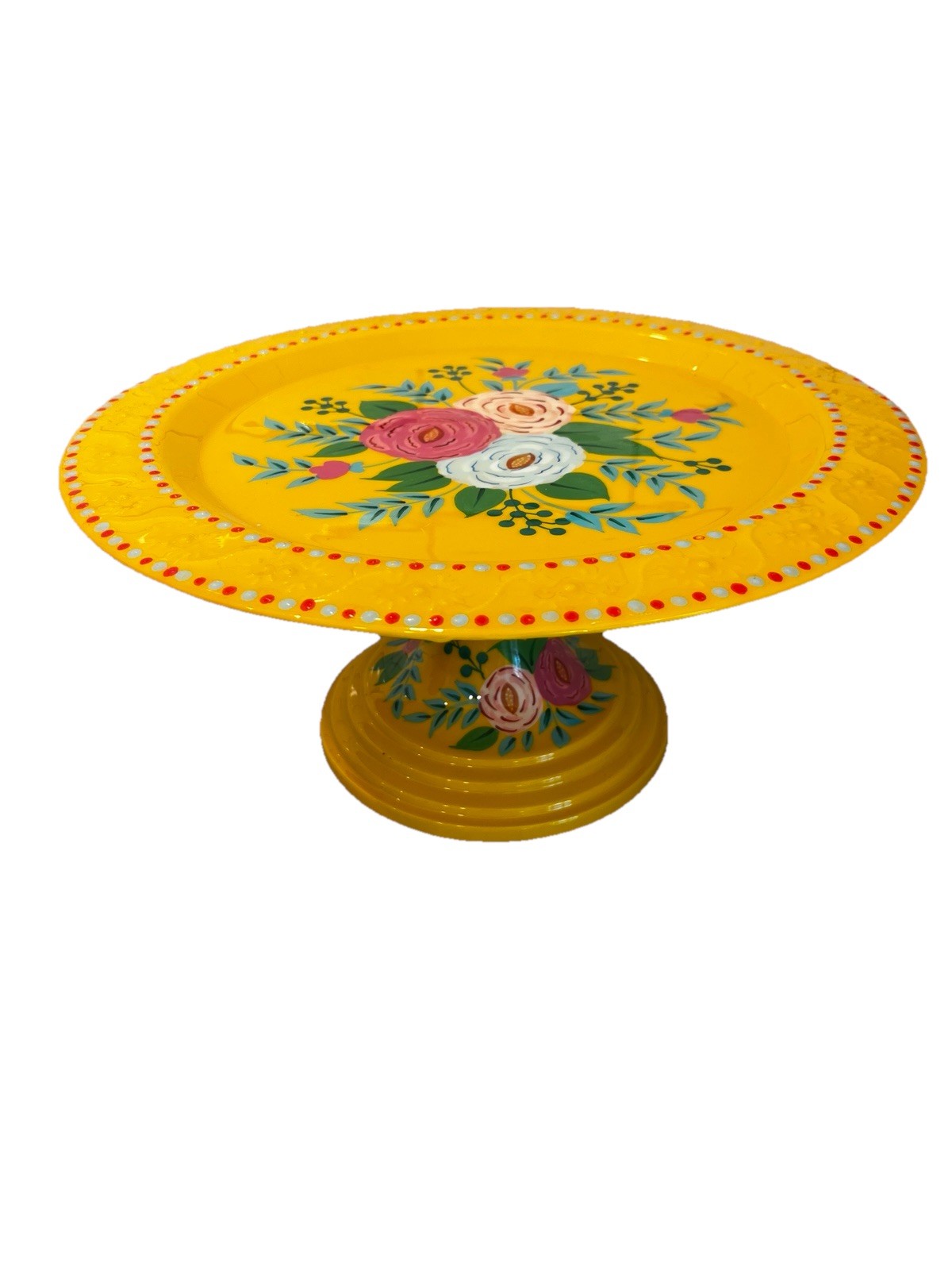 NEW Sunset & Co Yellow Hand painted Floral Cake Stand 13.5”, Party, Bright,