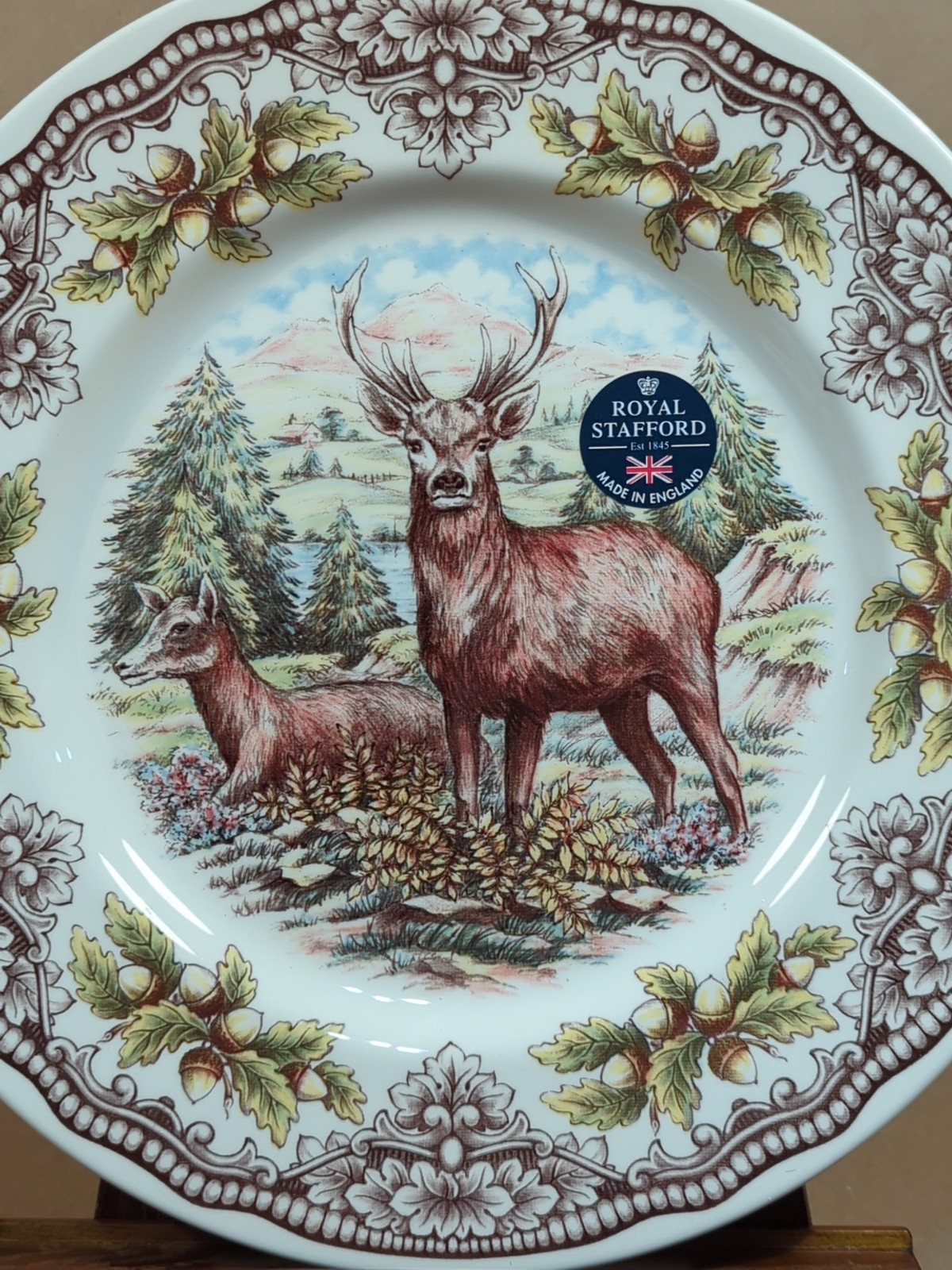 Royal Stafford England Buck Doe Acorn Dinner Plate 11″ NEW