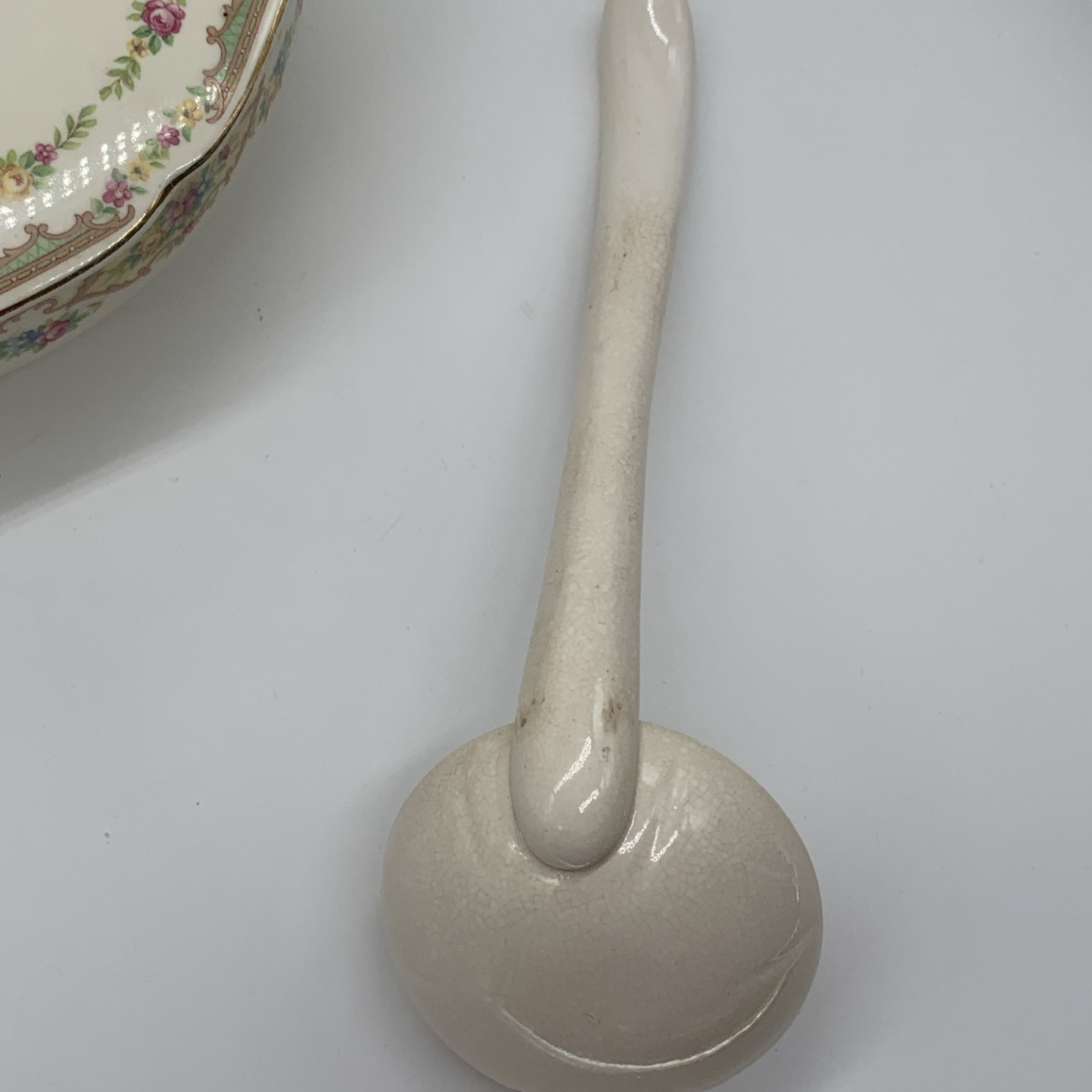 Vintage Ceramic Covered Vegetable Mildred Style, Ladle, Aged Prominent Crazing