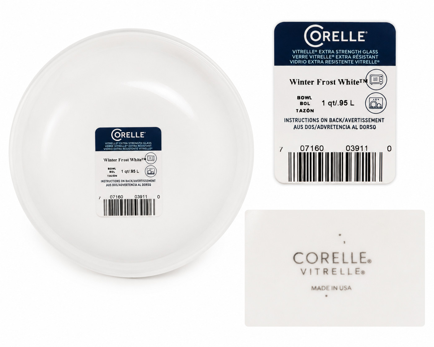 4pk- Corelle Vitrelle 1-Quart Serving Bowls Winter Frost White 8.5″ Round