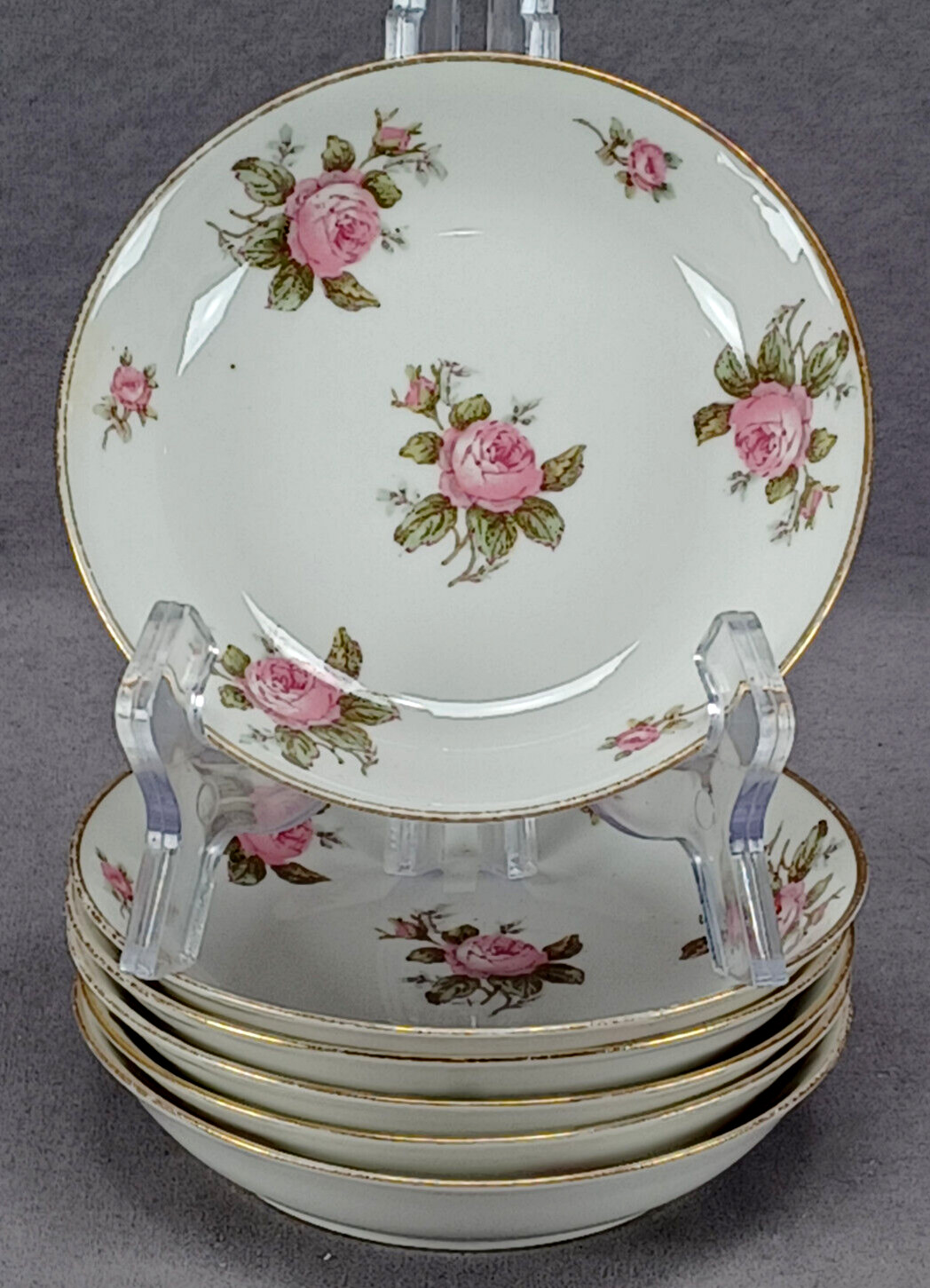 Set of 6 Limoges Pink Roses & Gold 5 1/8 Inch Dessert Bowls Circa 1900-1941
