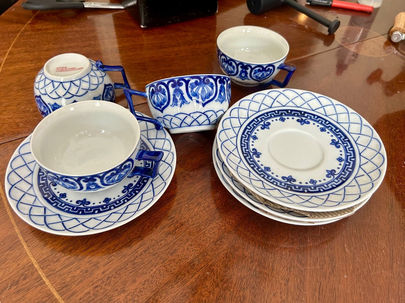 4 Bombay Adelaide,Tea Cup & Saucer Set (Cobalt Blue Greek Key,Flowers & Scrolls)
