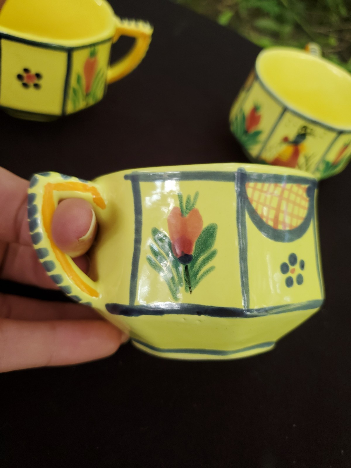 Vintage HB Quimper Soleil Yellow Cups Mugs- Set Of 4 France
