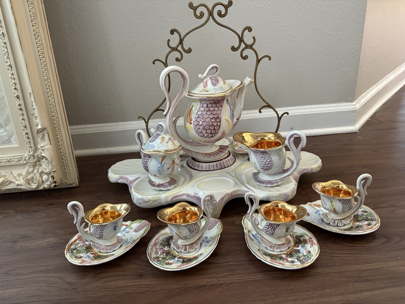 Vintage capodimonte 14 Piece Espresso Or Tea Serving Set On Stand Made In Italy