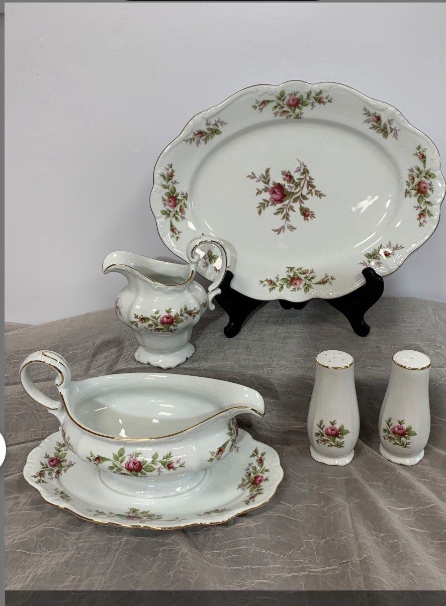 Porcelain Floral Dinner Set White Pink Green Plates Cups Bowls Gravy Boat
