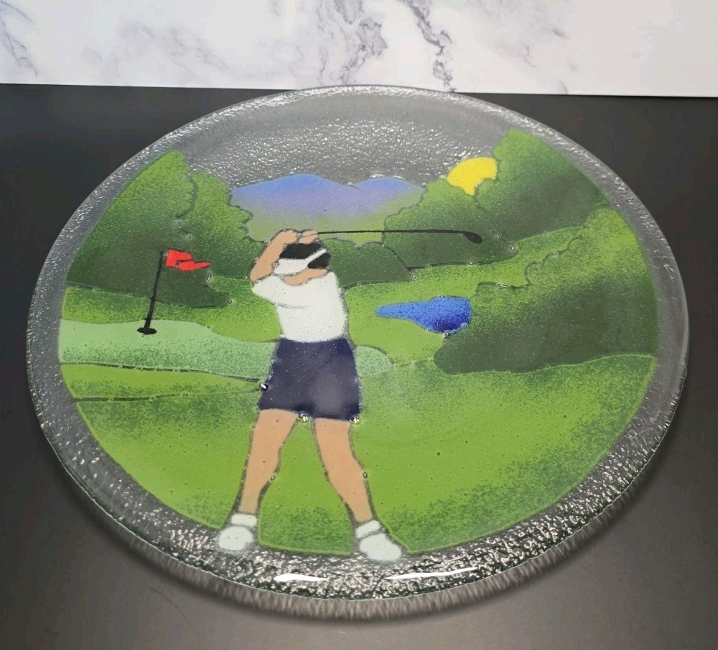Vintage Peggy Karr Signed Fused Glass Lady Woman Golfer Plate 11.25″ Golf