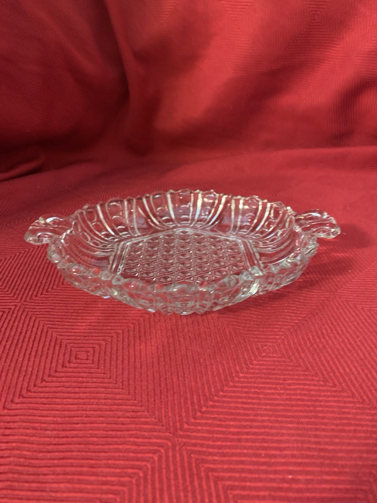 Anchor Hocking Clear Glass Vintage Dish with Hexagon and Dot & Cane Pattern 7.5”