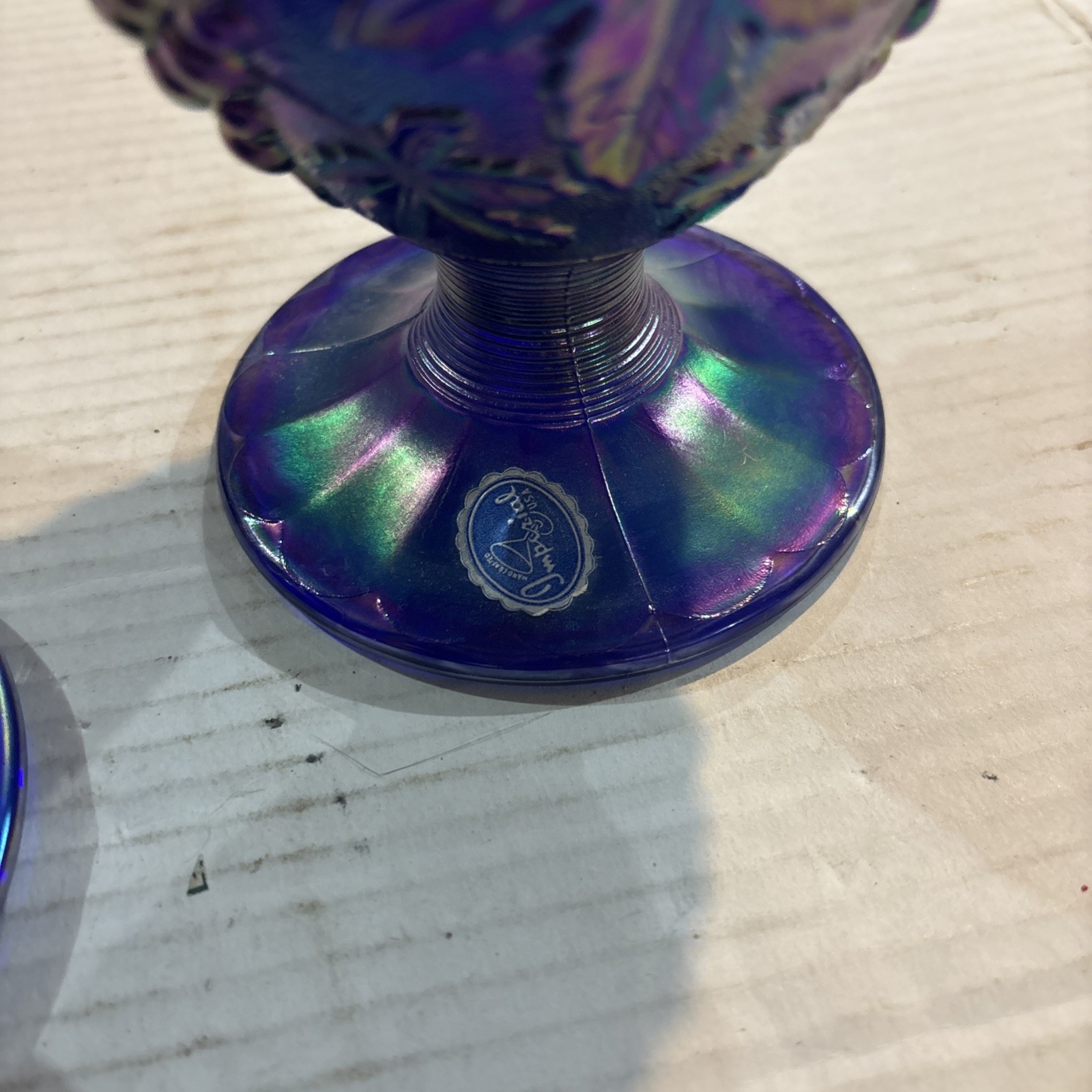 Imperial Blue Carnival Glass Harvest Grape Candy Dish Lid Compote With Sticker