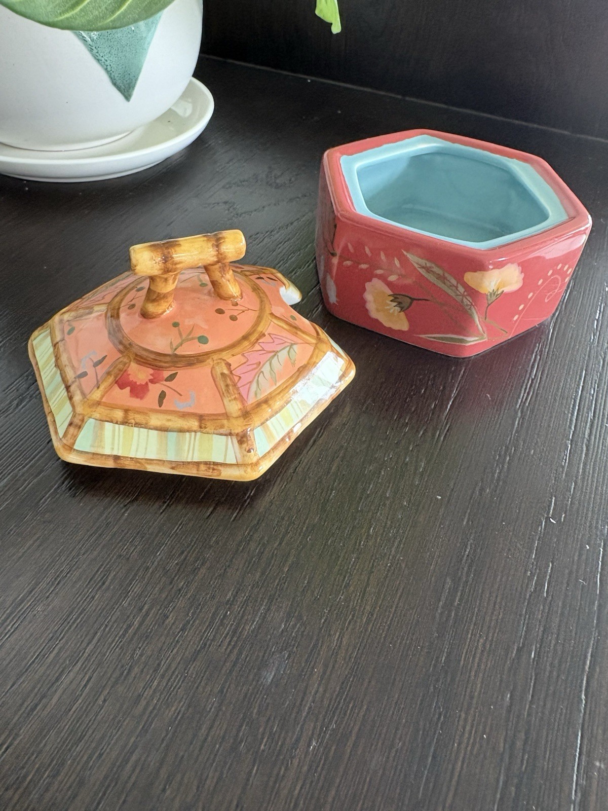Hand Painted Tracy Porter The Artisan Road Collection Lidded Hexagon Ceramic Jar