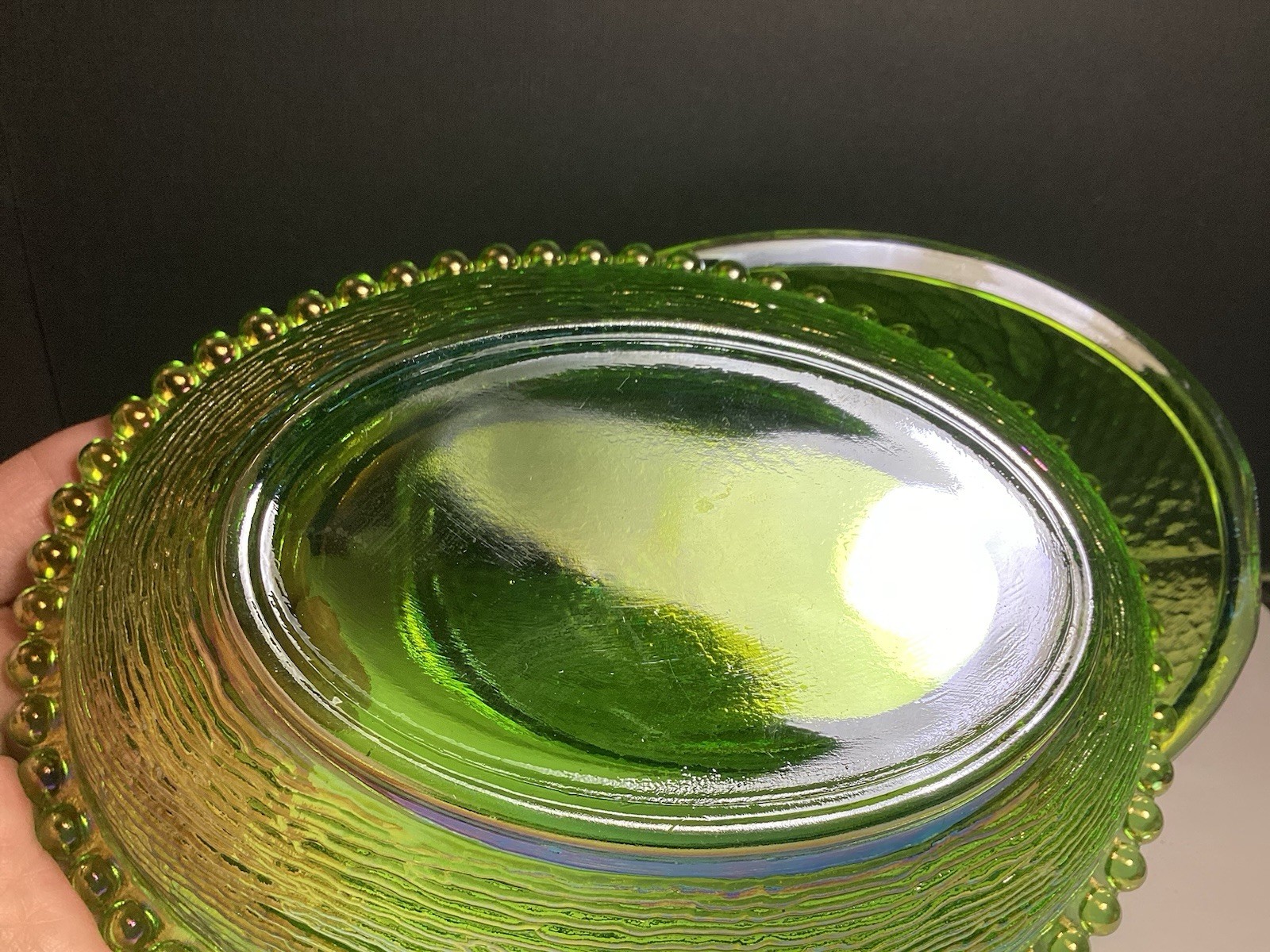 Indiana Glass Vintage Iridescent Lime Green Carnival Glass Hen On Nest A+ Cond.