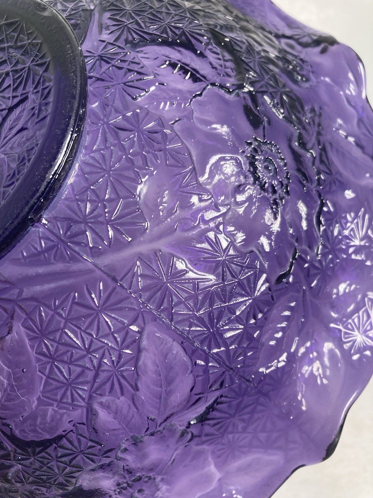 Vintage irradiated Purple Glass fruit bowl, candy bowl, floral pattern