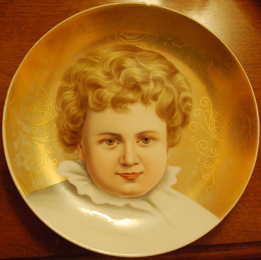 Antique Victorian HAND PAINTED PORTRAIT PLATE Blonde Child’s Face W Gold Gilt