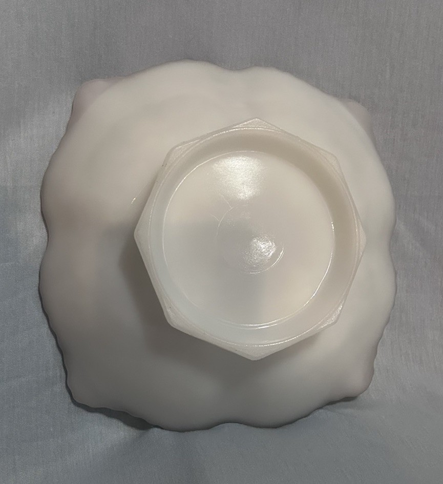 White Milk Glass Grape Pattern Round Bowl with Gold Trim Scalloped Rim