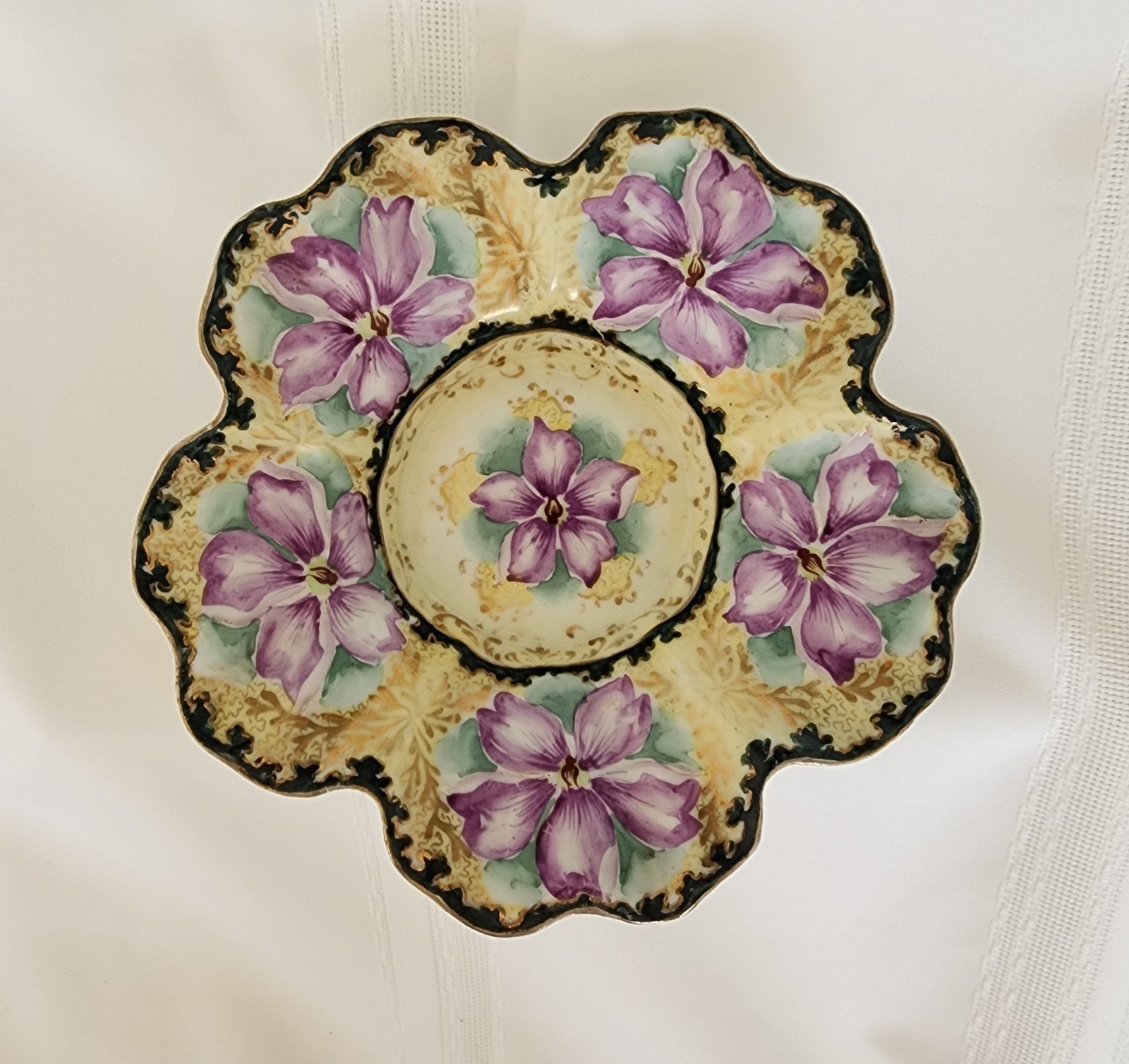 Antique Porcelain Hand Painted Purple & Gilded Floral Ftd Scalloped Bowl 8×2.25