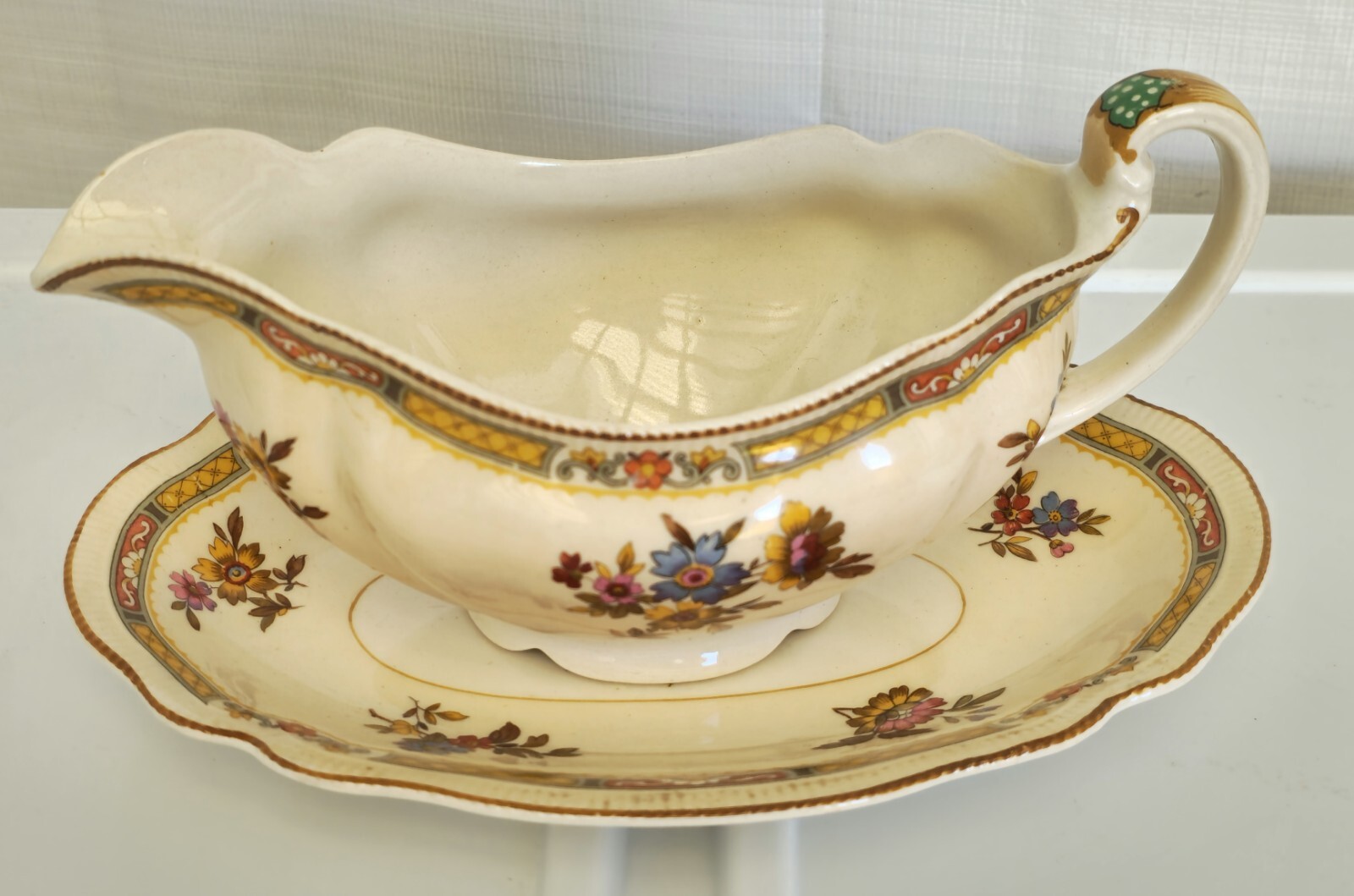 Gravy Boat & Plate Old Staffordshire Pareek Rouen By Johnson Bros 1920s Antique