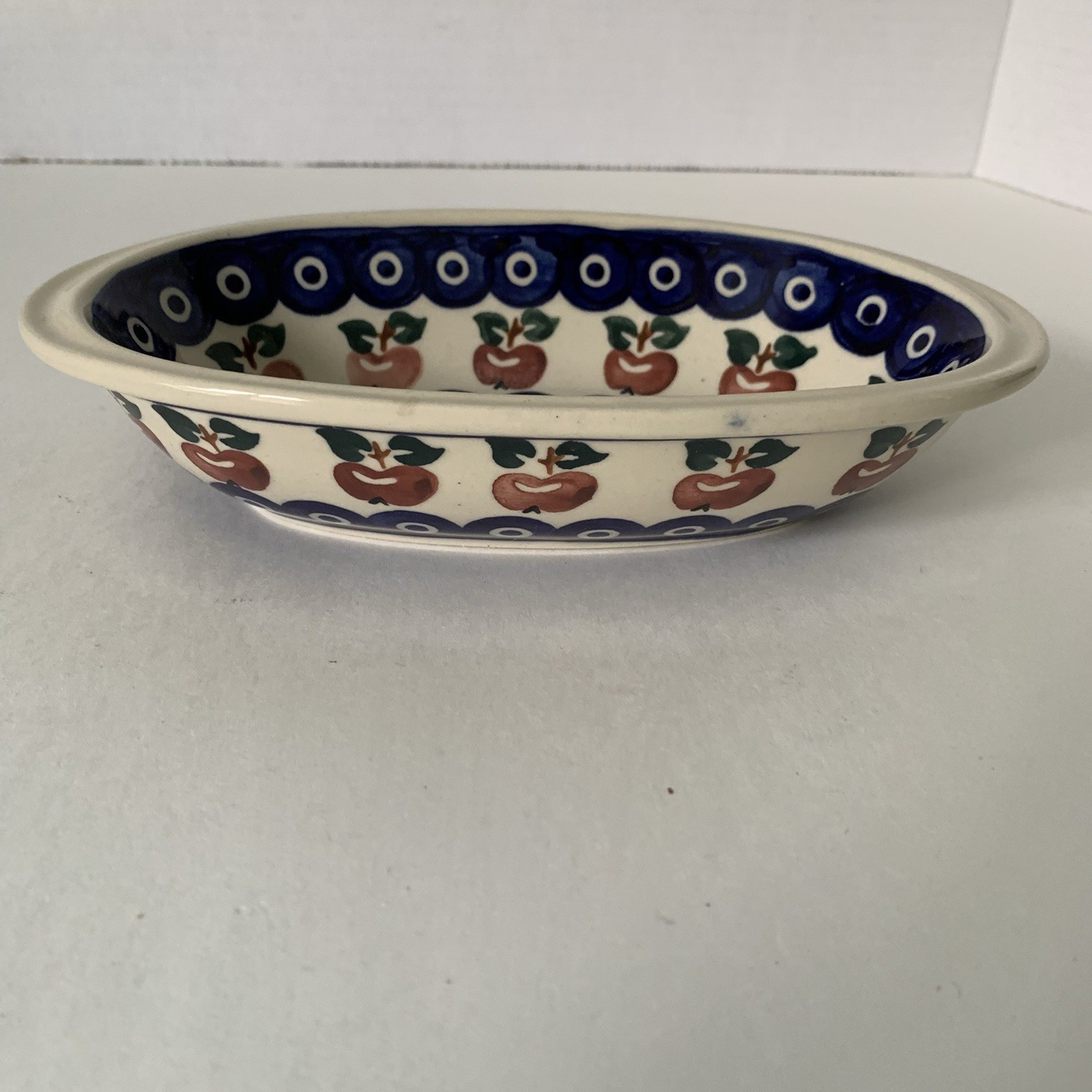 Boleslawiec Polish Pottery Handpainted Small Oval Dish Apples/Leaves Pattern