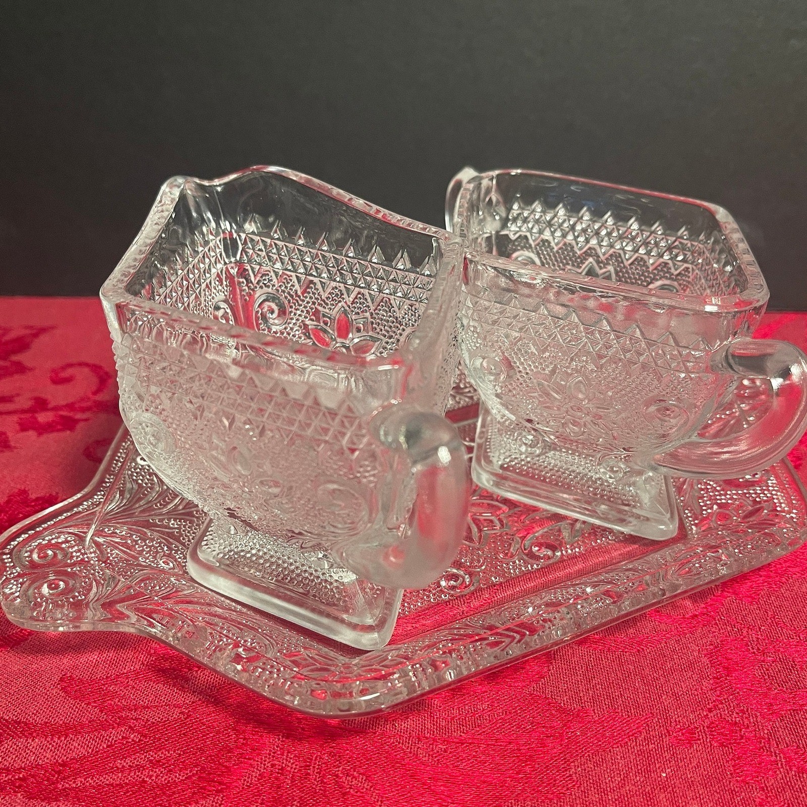 Indiana Glass TIARA Diamond Shape Cream Sugar Set w/ Underplate Sandwich Glass