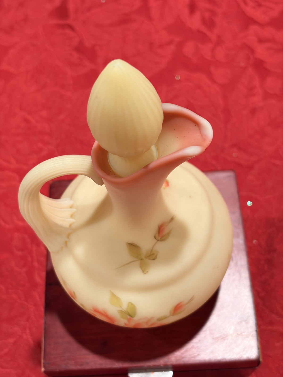 Vintage Fenton Burmese Satin Glass Cruet Stopper Hand Painted Roses UV Glow
