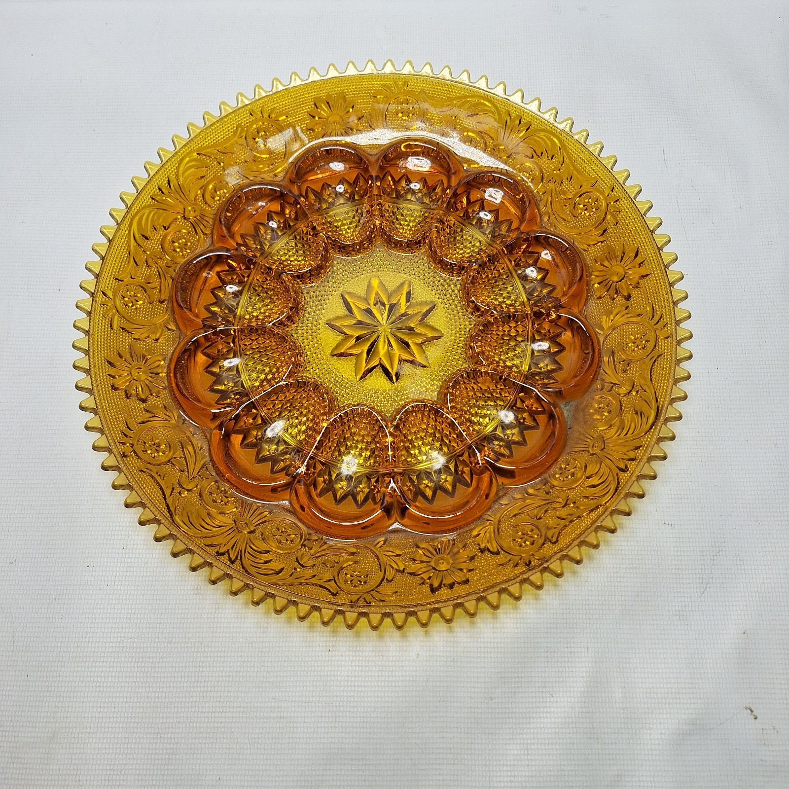 Amber Indiana Sandwich Sawtooth Edge Tiara Glass Devil Egg Plate Large 12″