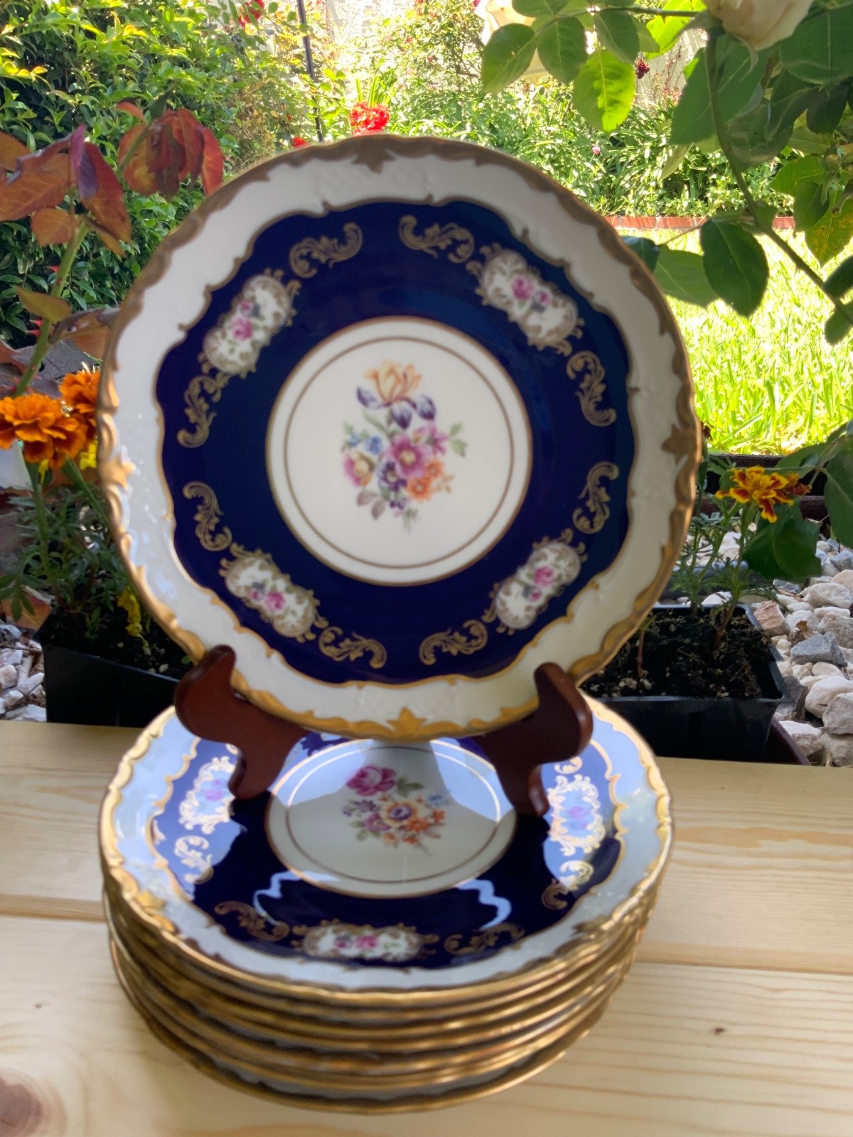 Vintage Reichenbach Echt Kobalt Cobalt Blue Floral Round Plate set of 8