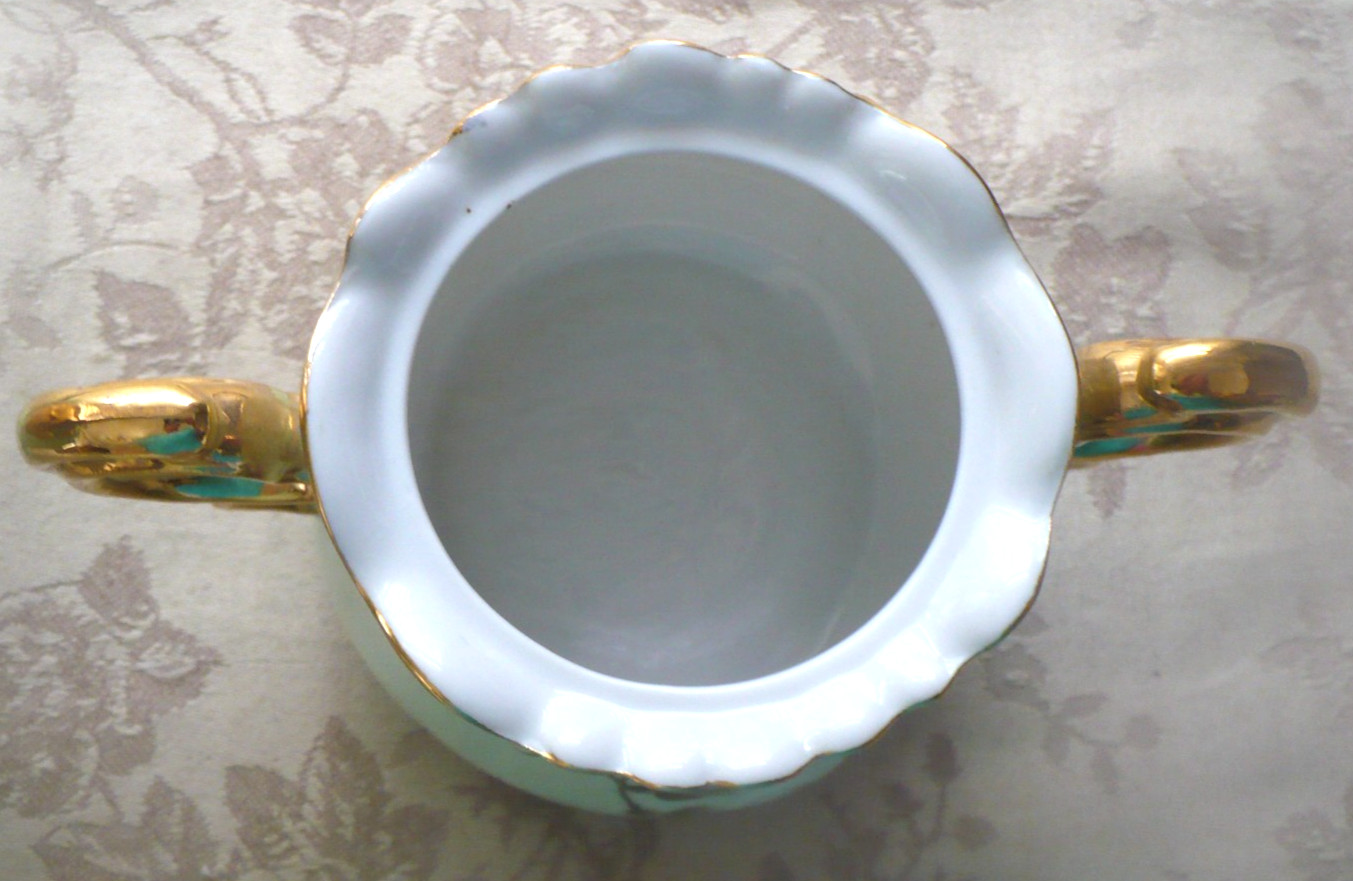 LEFTON CHINA GREEN HERITAGE ROSE ROUND TEAPOT CREAMER AND SUGAR BOWL 3 PC