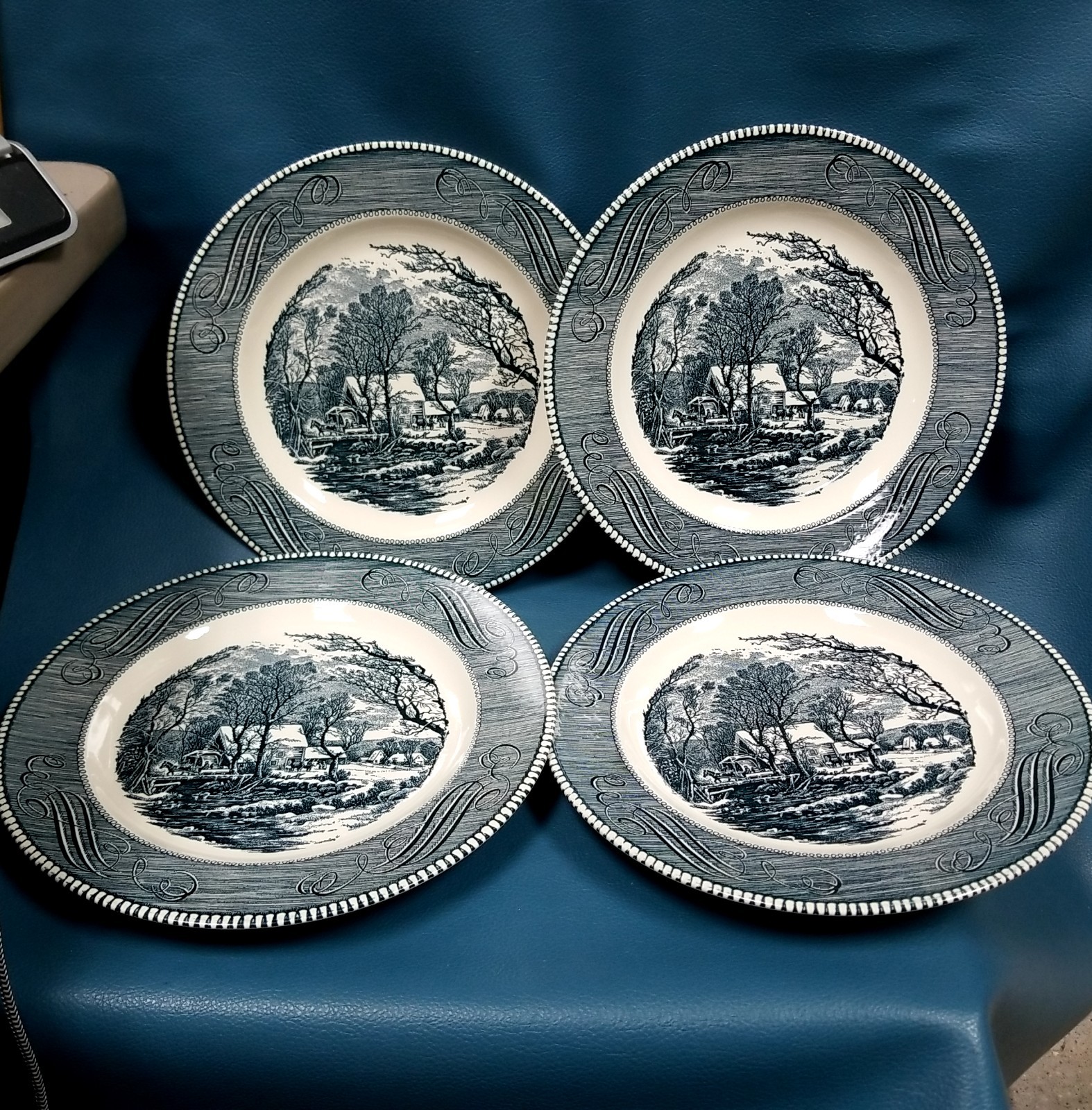 4 Replacement Royal China Jeannette Co Currier & Ives Blue Transferware Plates