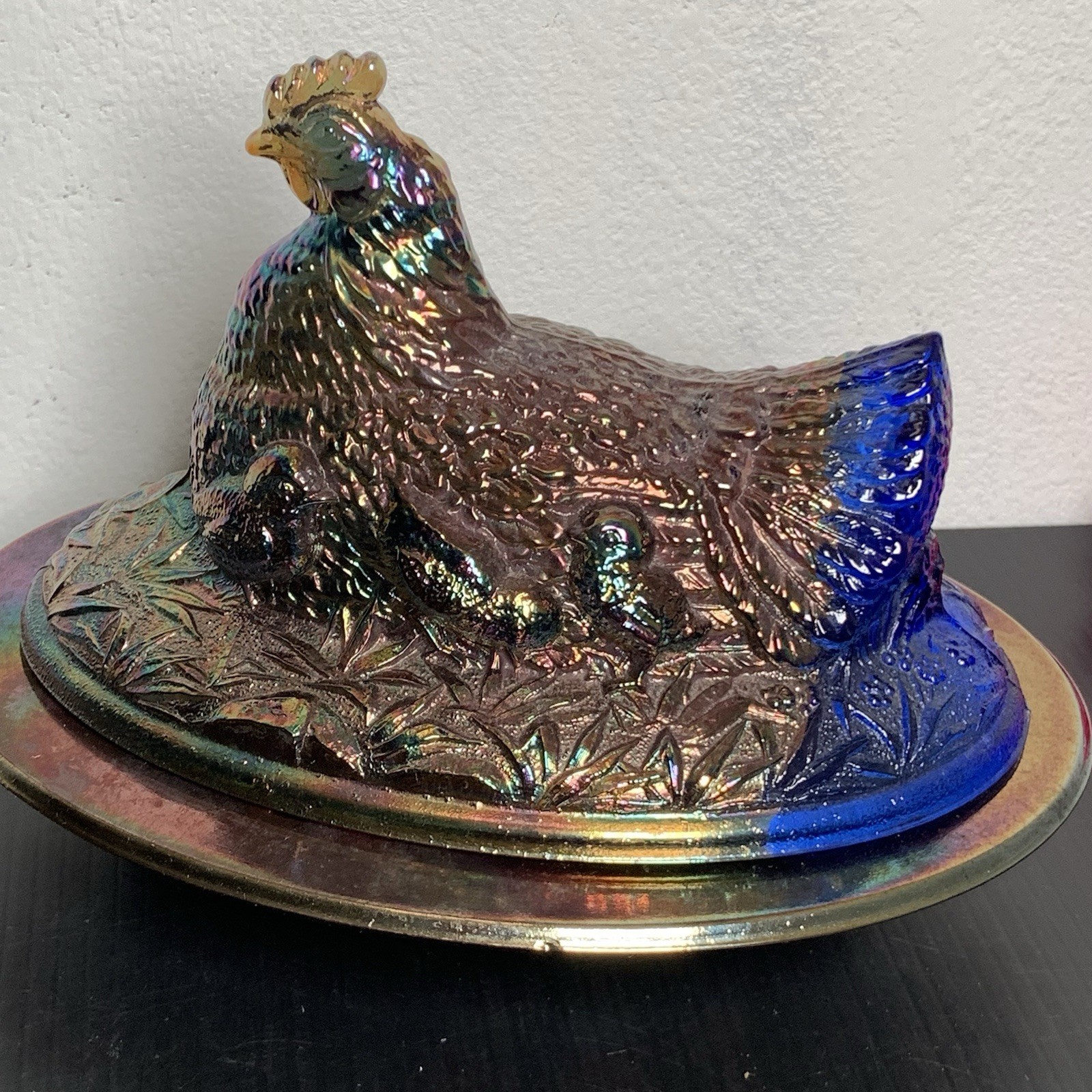 Glass Blue Carnival Glass Hen On Nest Covered Dish – Chicken Candy Dish