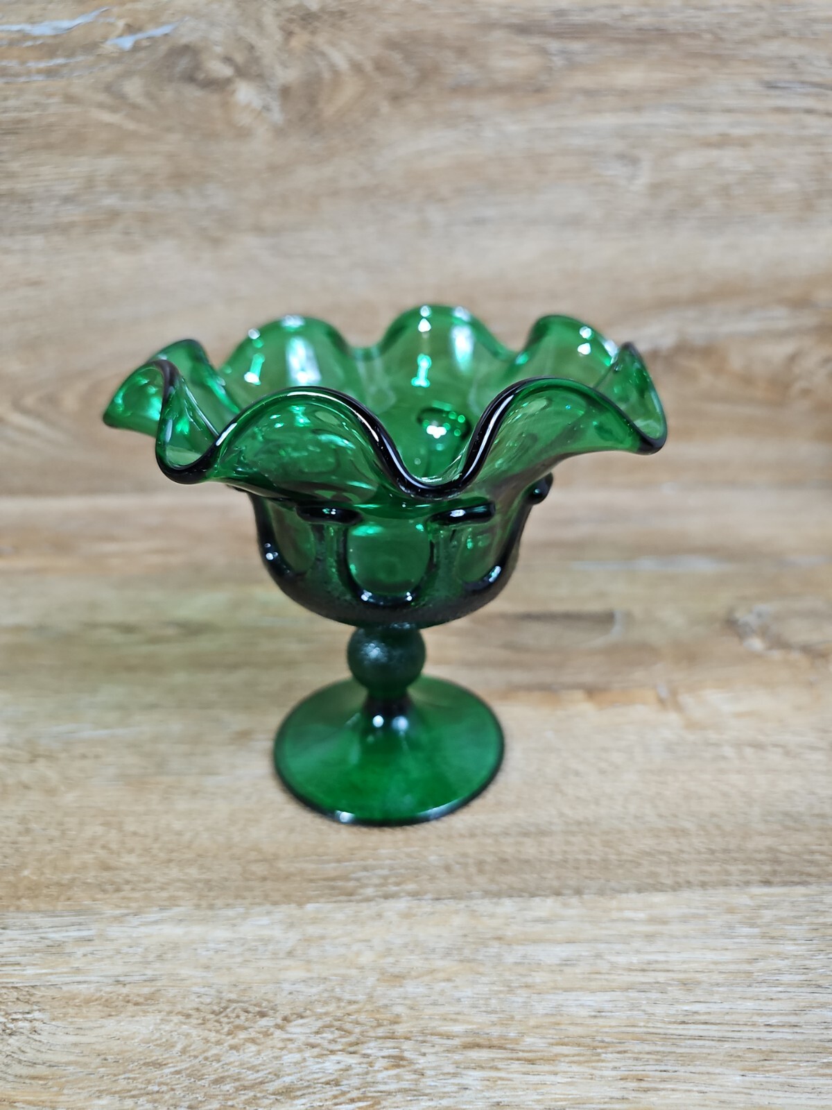 Viking Dark Green Glass Handkerchief Ruffle Top Candy Dish Compote Pedestal VTG