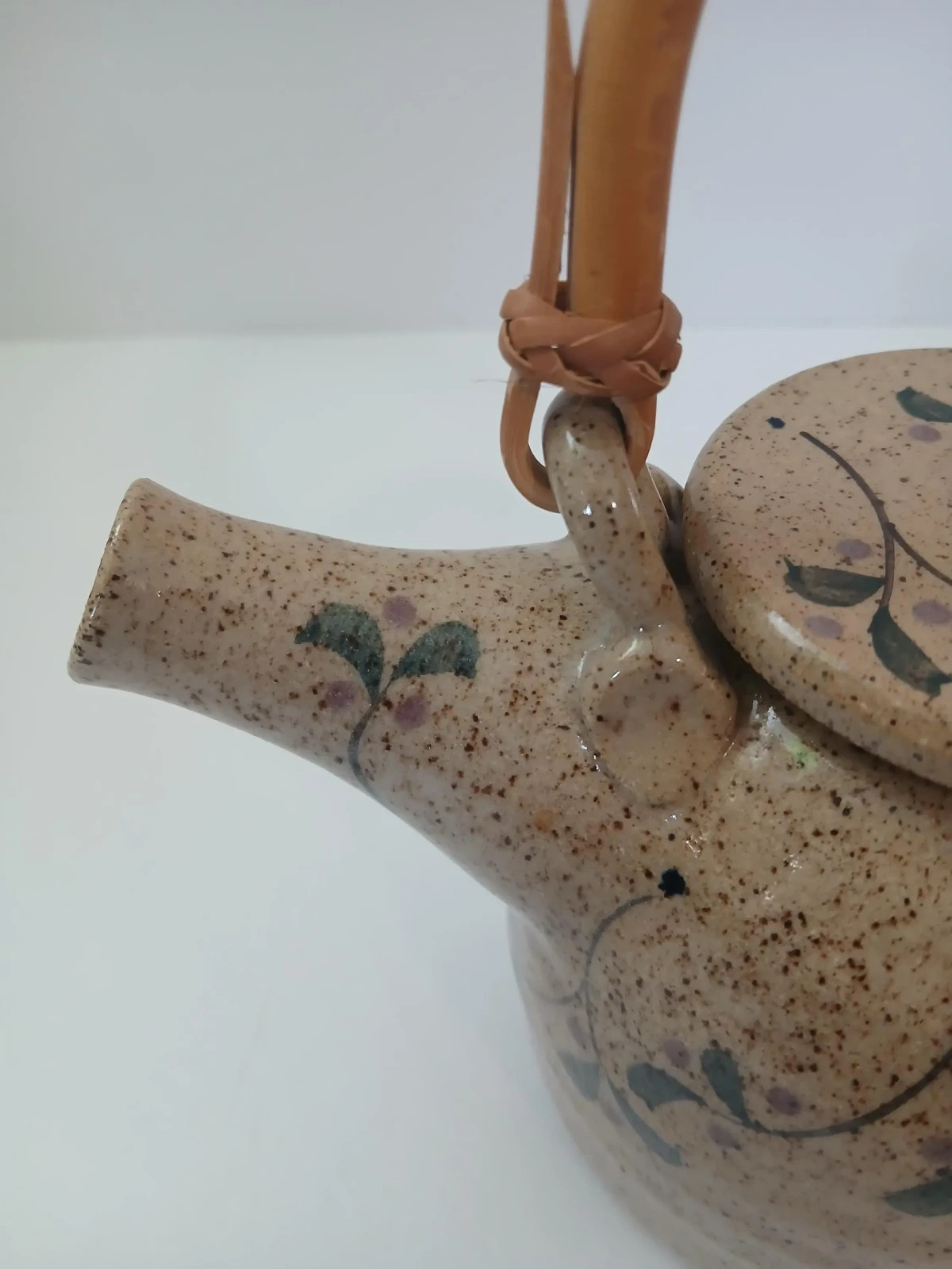 90s Cottagecore Speckled Stoneware Teapot with Bamboo Handle Hand-painted Floral