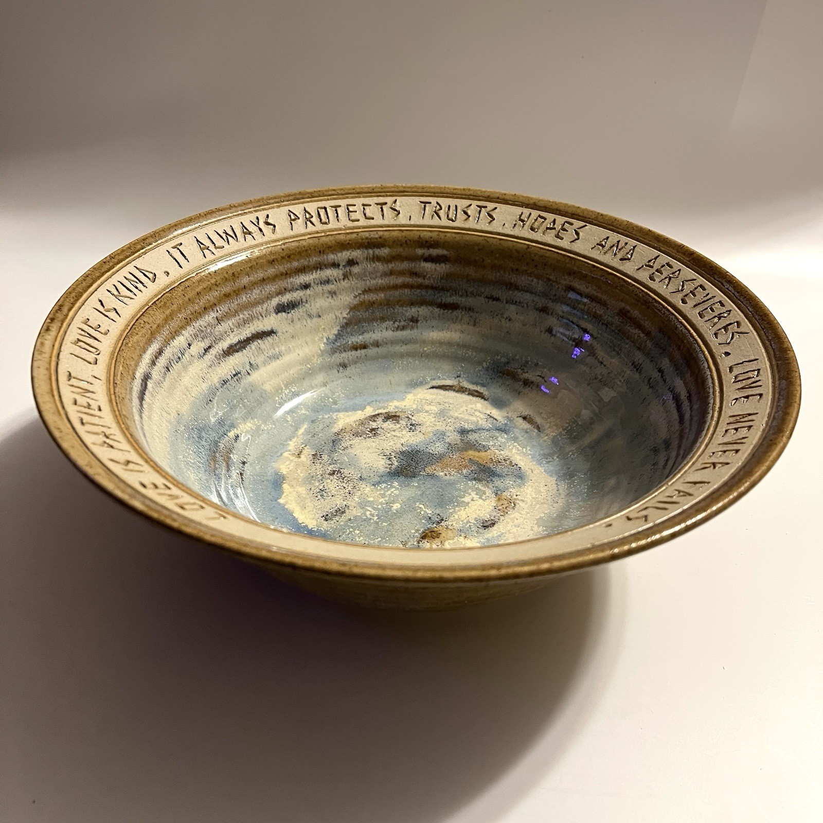 Clay Werks Bryan Becker Handcrafted Studio Pottery 10″ Bowl LOVE IS PATIENT…