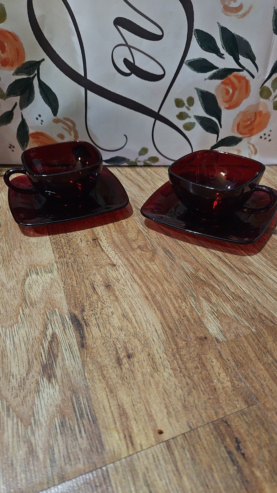 Mid-Century Anchor Hocking Royal Ruby Red Square Coffee/Tea Cup and Saucer