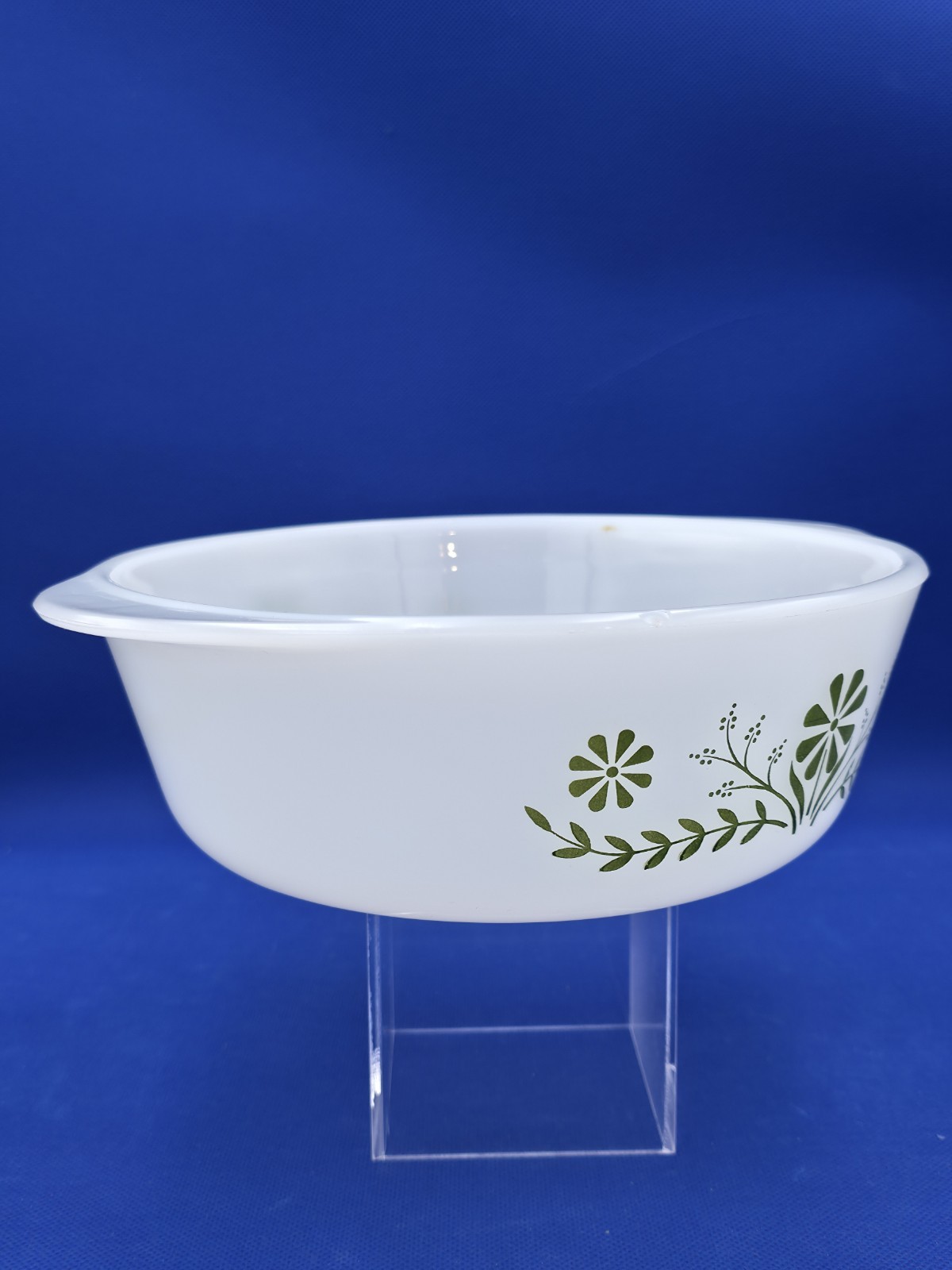 Glasbake Vintage MCM Milk Glass Oven Safe Casserole Dish Green Crazy Daisy