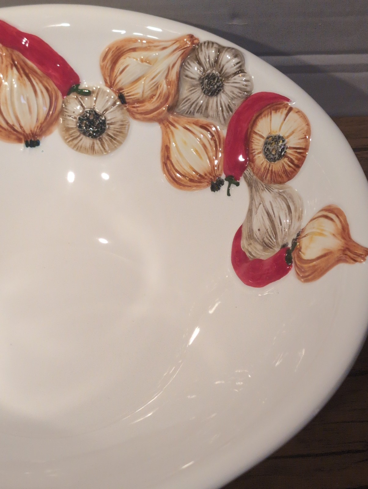 Vintage Italian Made Raised Peppers And Garlic, Onion, Ceramic Bowl 13 Inches