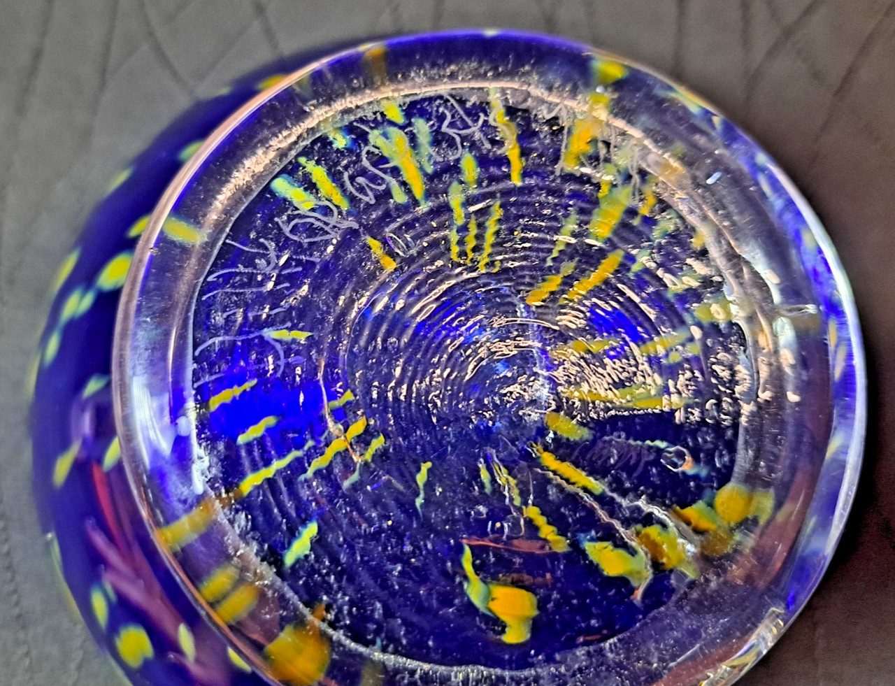 2018 Hilltop Hand Blown Art Glass Cobalt Blue Yellow Frit Bowl Signed