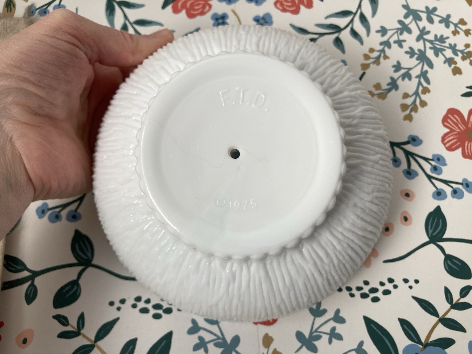 Vintage FTD Milk Glass Bowl Planter With Drainage Hole For Plants
