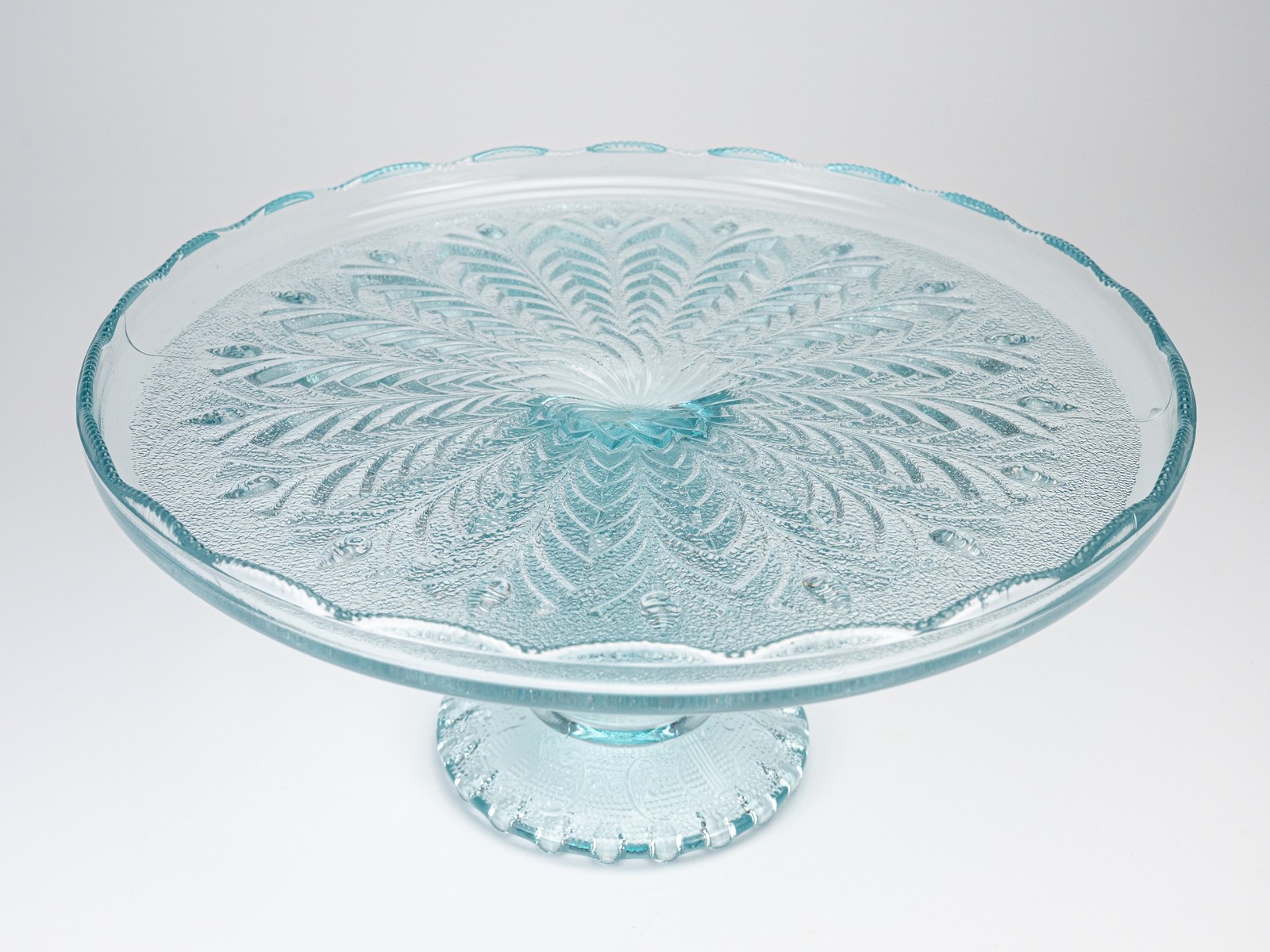 Vintage 1950s Jeannette Ice Blue Glass Feather Harp Pedestal Cake Plate Stand