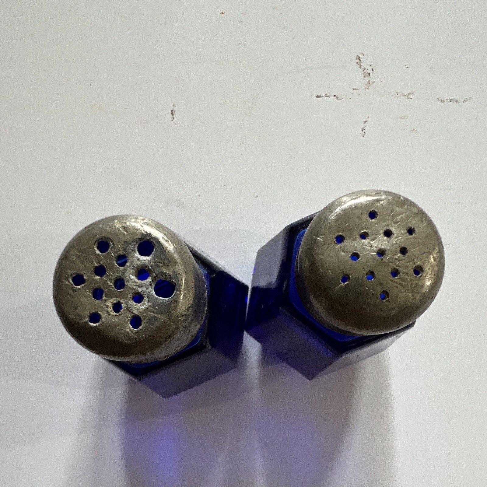 Cobalt Blue Hexagon Glass Salt & Pepper Shakers w/ Metal Tops Set of 2