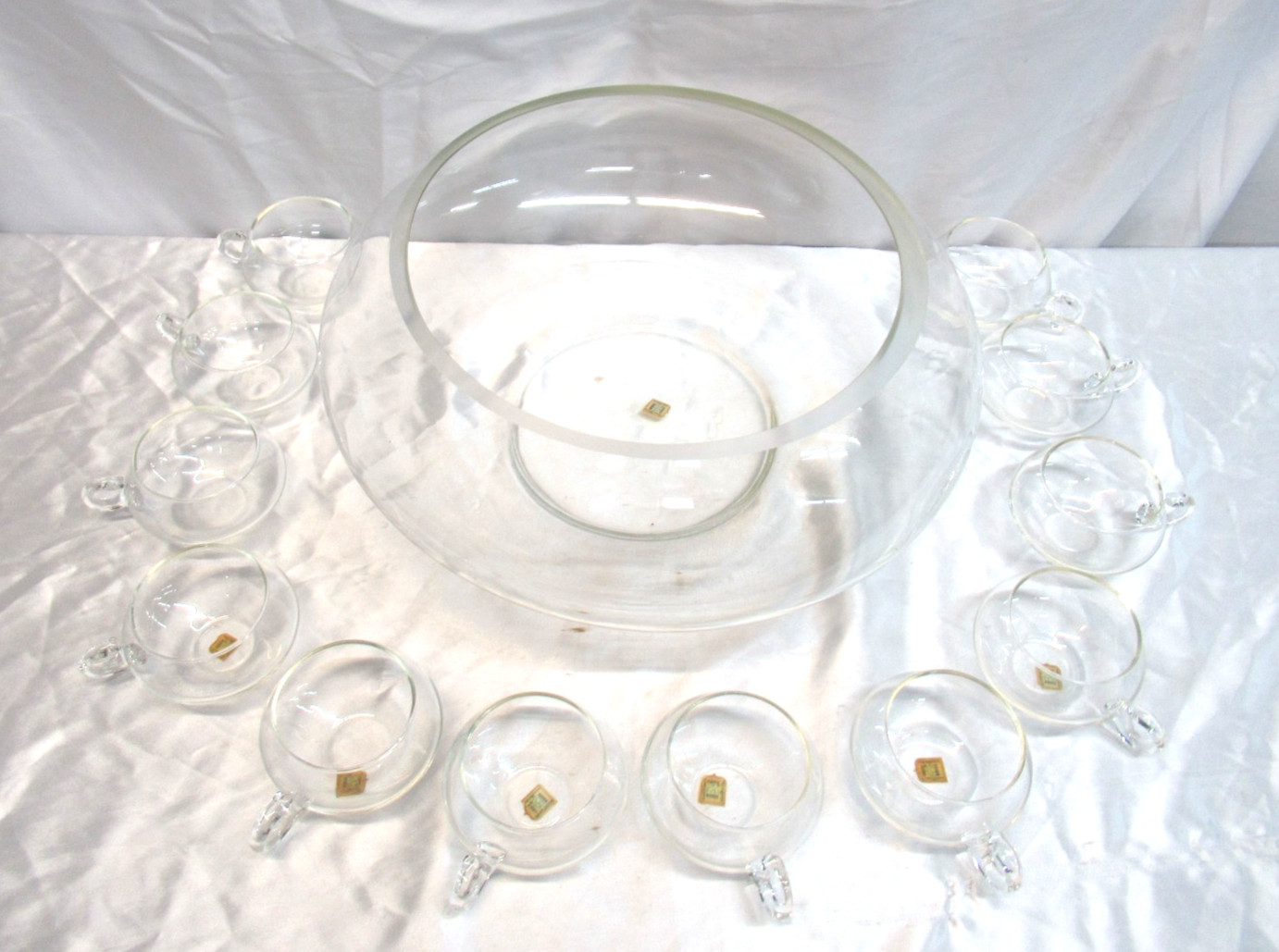 14 Piece Punch Bowl Set w/Ladle Hand Blown Crystal Moderno Riekes Crisa NOS Vtg