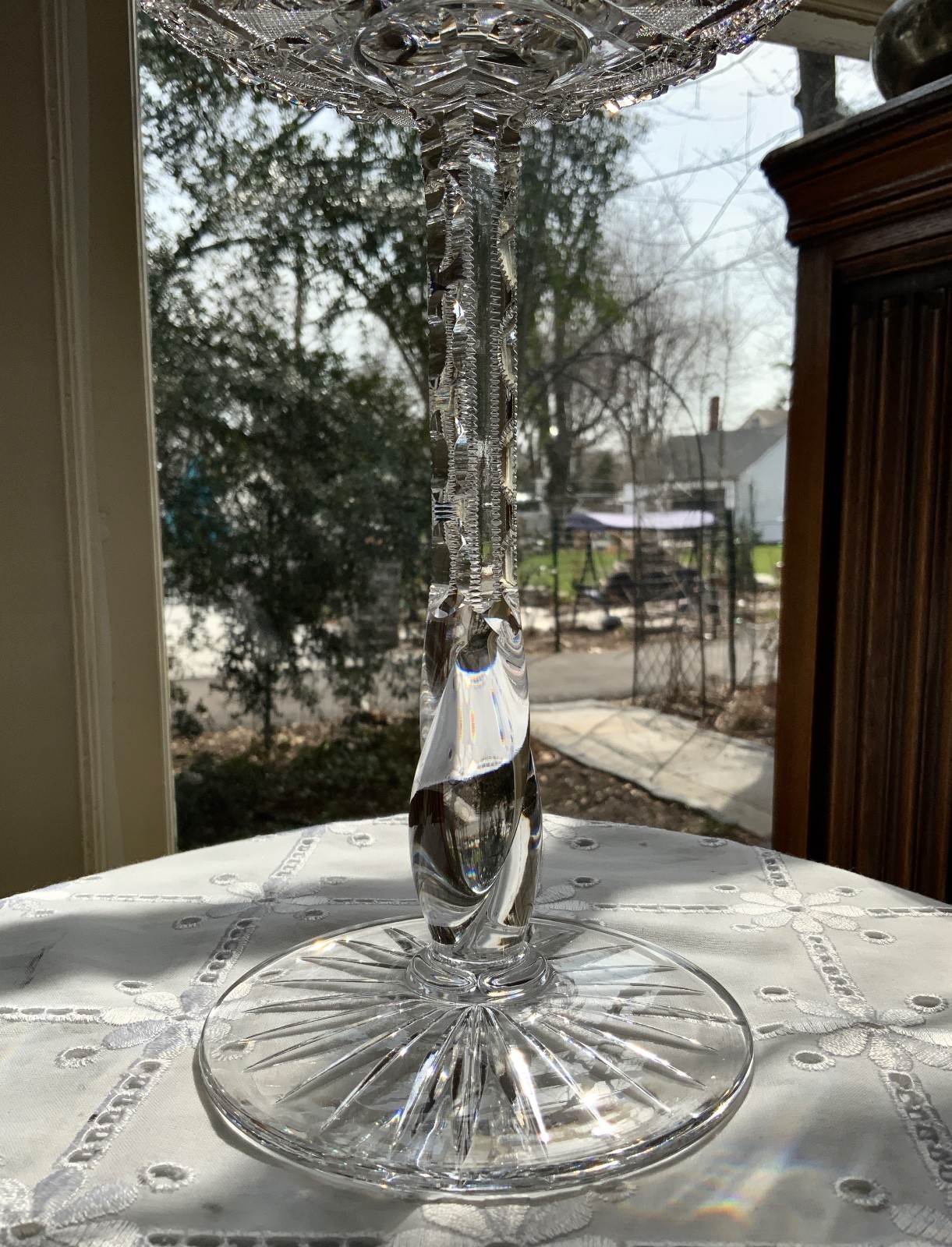 AMERICAN BRILLIANT CUT GLASS 10″ TWIST STEM COMPOTE / ATTRIB: LIBBEY C.1900-1910