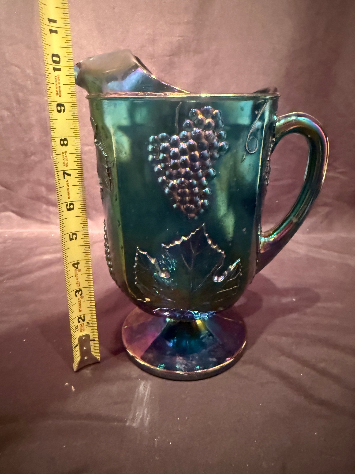 Harvest Grape & Leaf Indiana Art Glass Carnival Iridescent Blue Water Pitcher