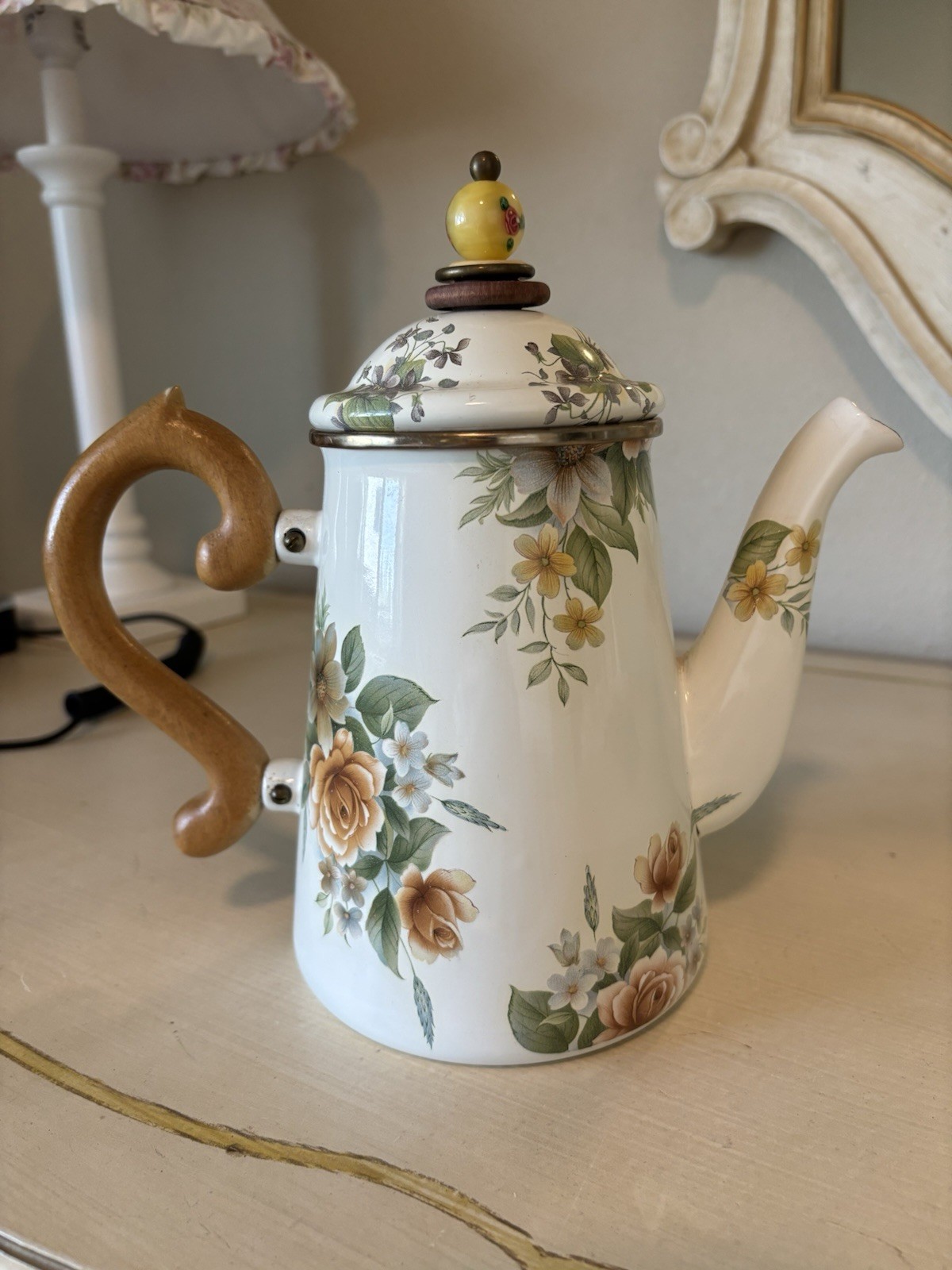 MacKenzie Childs VTG Camp Beige Floral Teapot Enamel Wood Handle