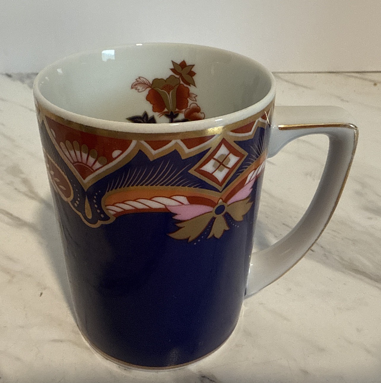 Neiman Marcus Coffee Cup Exclusive Porcelain Blue Rust Pink & Gold Trim Tea Mug
