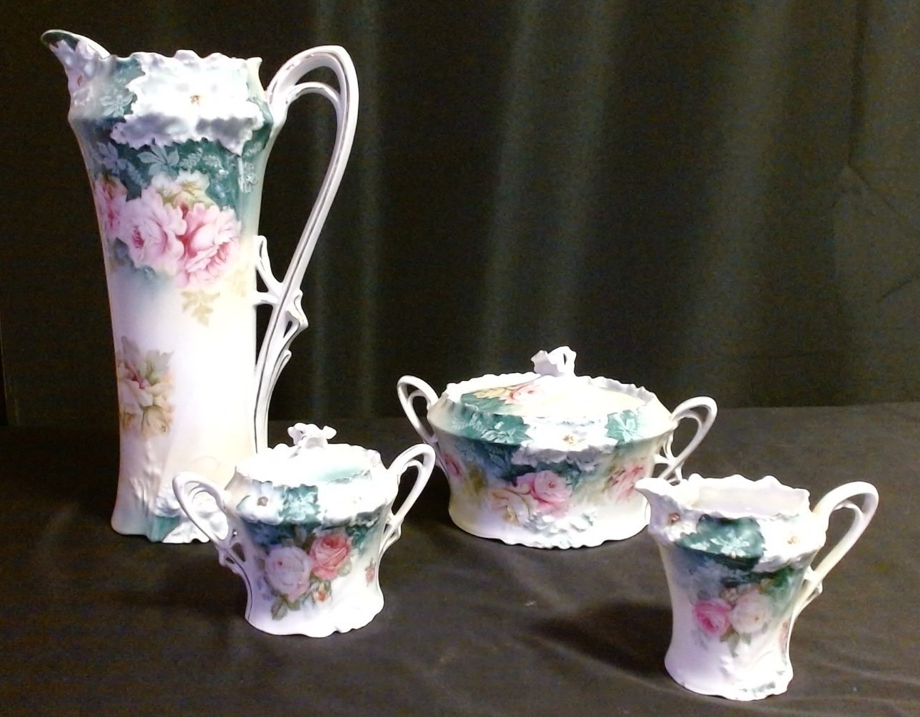 Antique RS Prussia Porcelain 4Pc Hostess Set Tankard, Biscuit Jar, Cream, Sugar