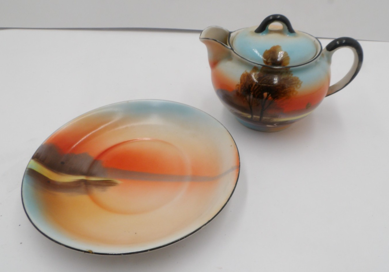 Vintage Noritake Hand Painted Landscape Scene Creamer and Saucer
