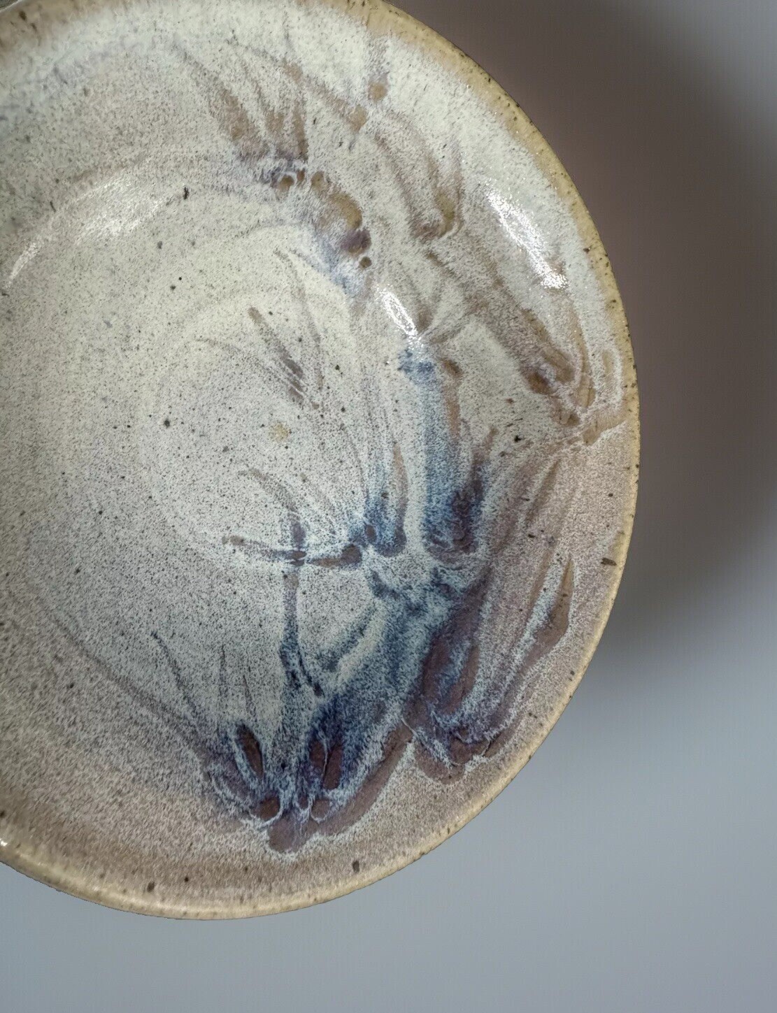 Handmade Studio Art Pottery Bowl Artist Signed 8” W 2.5” Tan Blue Purple Gray ￼