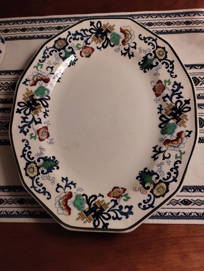 Antique Royal Doulton Burslem Nankin Oval Plate Floral/Sacred Scrolls 11.5x 9.25